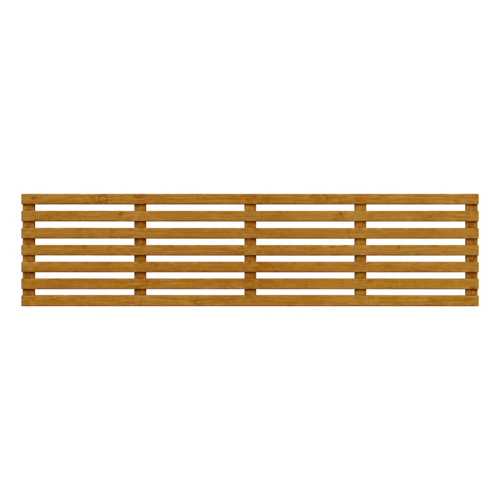 Brown-treated horizontal slatted trellis panel, 18 inches high by 6ft wide.