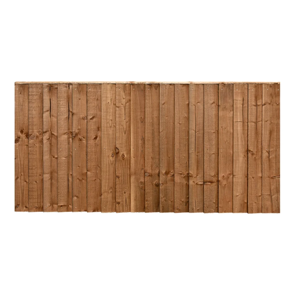 3ft x 6ft wooden fence panel made of vertical brown timber planks on a white background