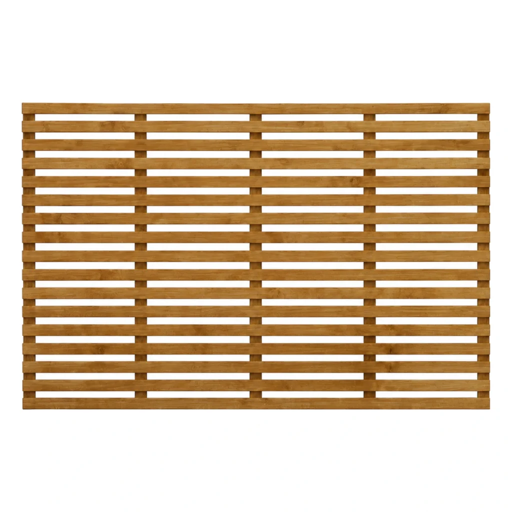 Brown-treated horizontal slatted trellis panel, 4ft high by 6ft wide.