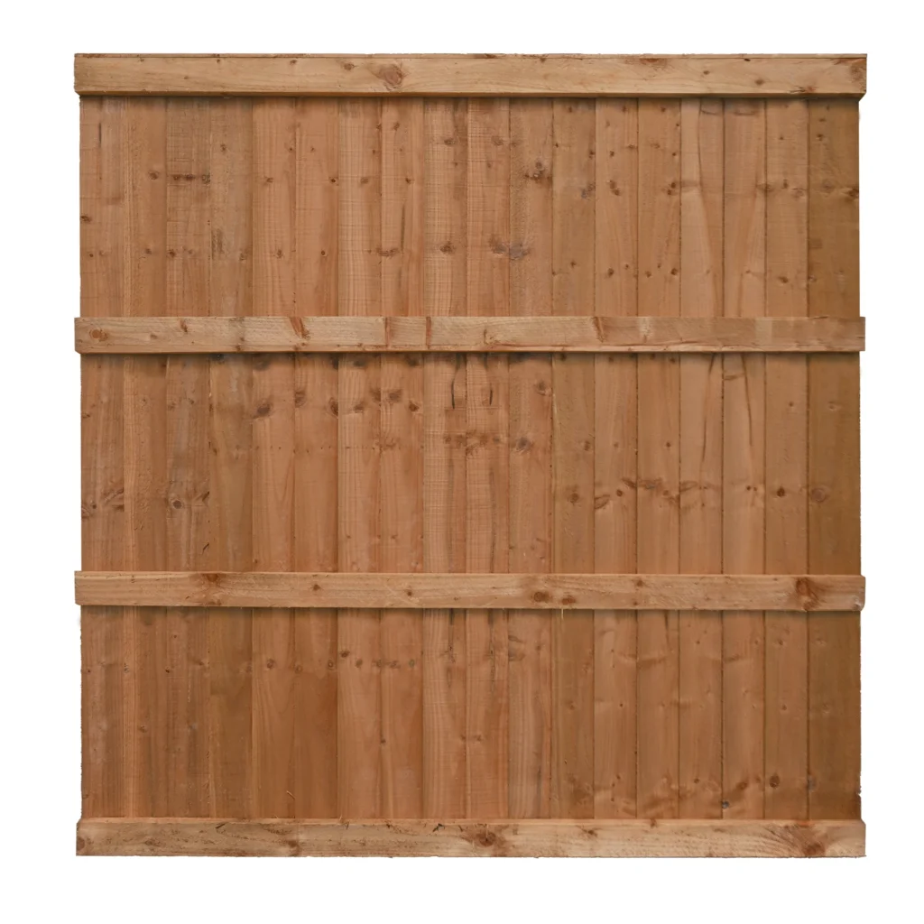 6ft Wooden fence panel made of vertical timber boards with horizontal support rails rear view