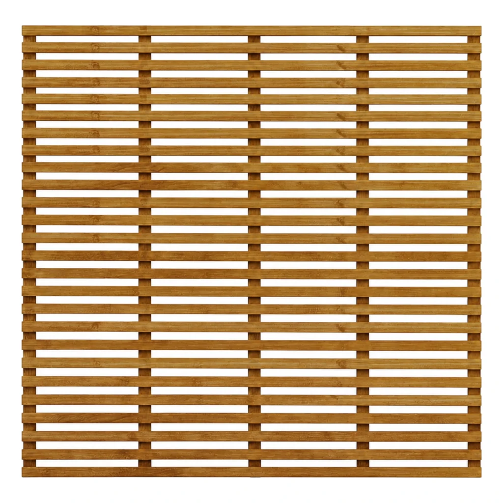 Brown-treated horizontal slatted trellis panel, 1800mm high by 1830mm wide.