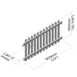 Isometric view of a picket fence panel 6ft x 3ft rear