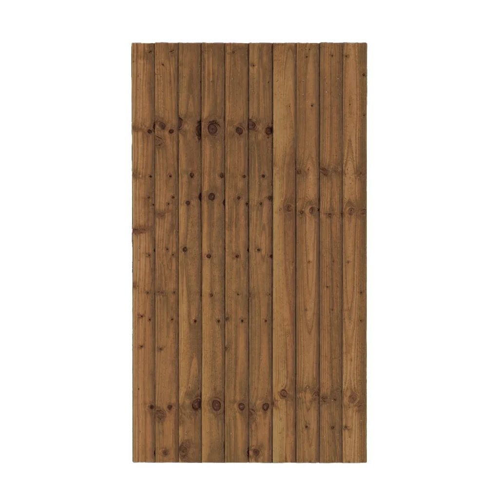 Front view of vertical wooden gate made from brown timber boards with visible knots and grain