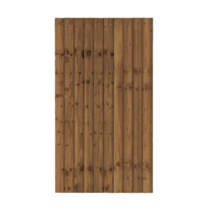 Front view of vertical wooden gate made from brown timber boards with visible knots and grain