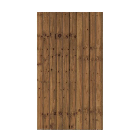Front view of vertical wooden gate made from brown timber boards with visible knots and grain