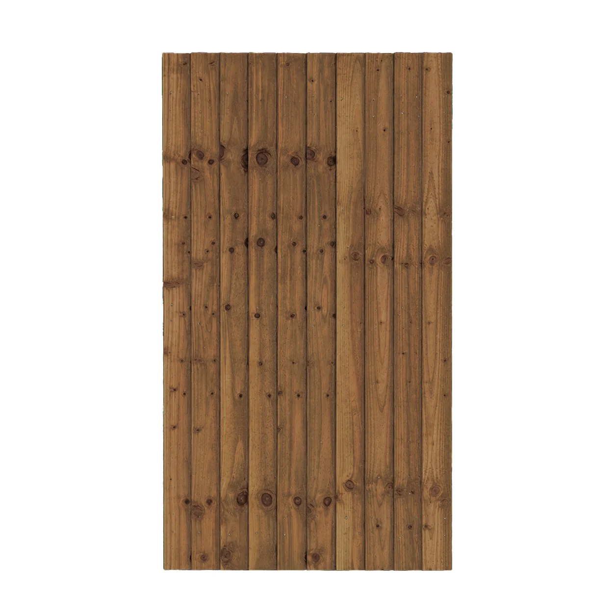 Front view of vertical wooden gate made from brown timber boards with visible knots and grain