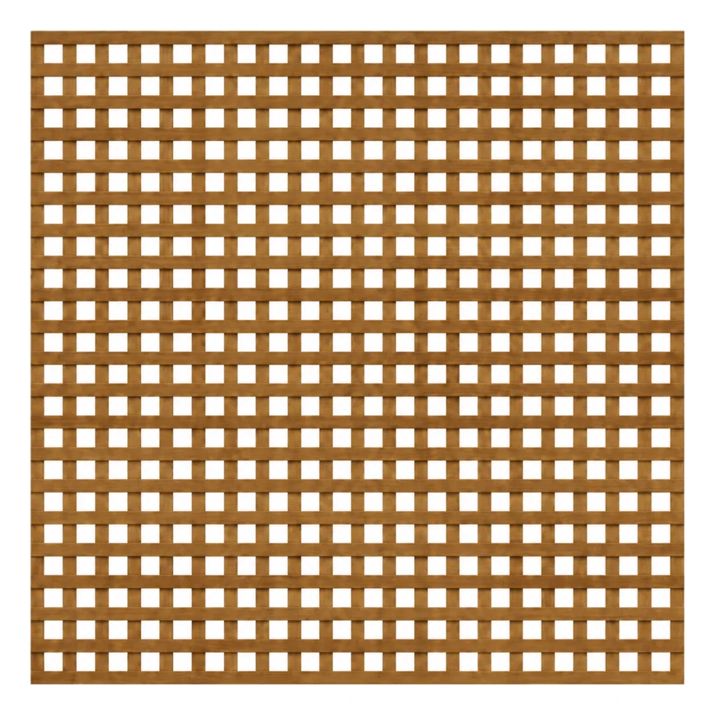 Brown-treated privacy trellis panel, 6ft high by 6ft wide.