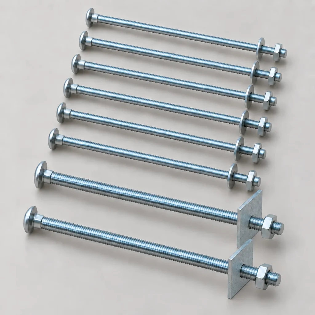 Nine long galvanised threaded bolts with round heads, washers and nuts; the two lowest have square mounting plates