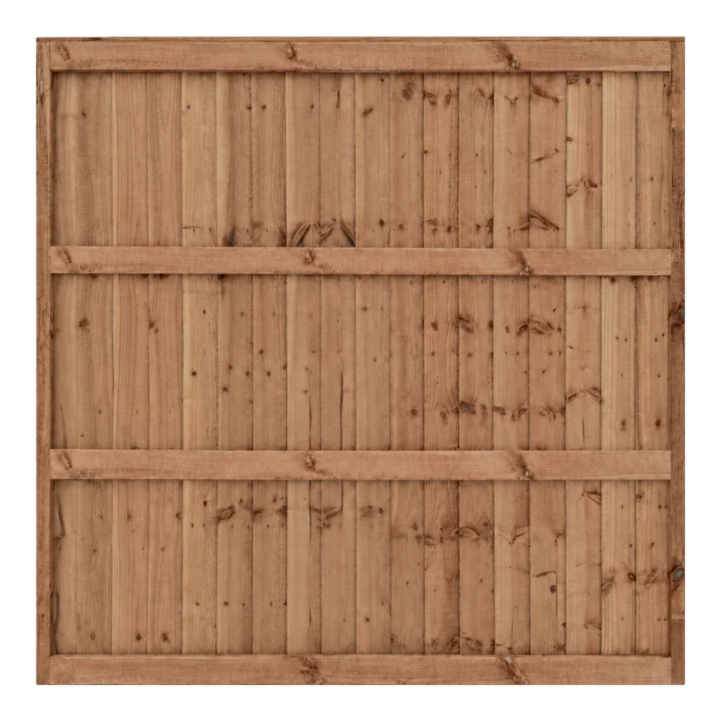 Close-up of a wooden fence with vertical timber planks and horizontal support rails and full frame