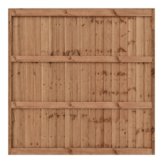 Close-up of a wooden fence with vertical timber planks and horizontal support rails and full frame