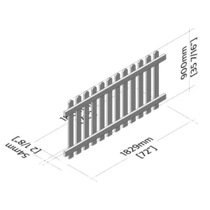 Isometric view of a picket fence panel 6ft x 3ft rear